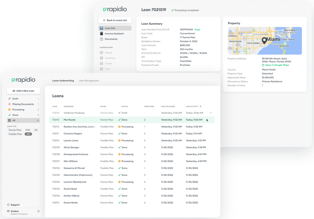 Dual screenshots showcasing the front-end dashboard of Rapidio's software.