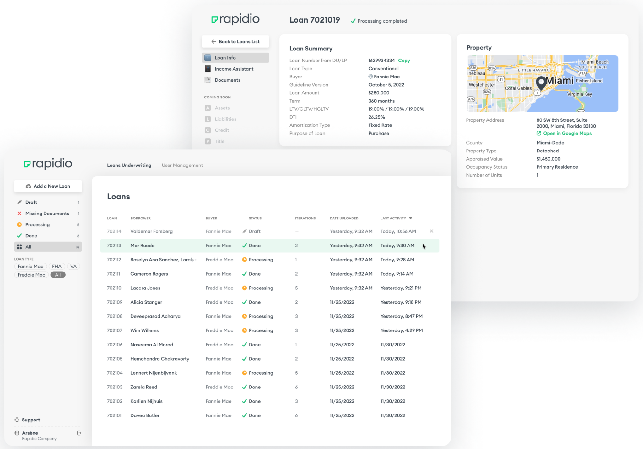 Dual screenshots showcasing the front-end dashboard of Rapidio's software.