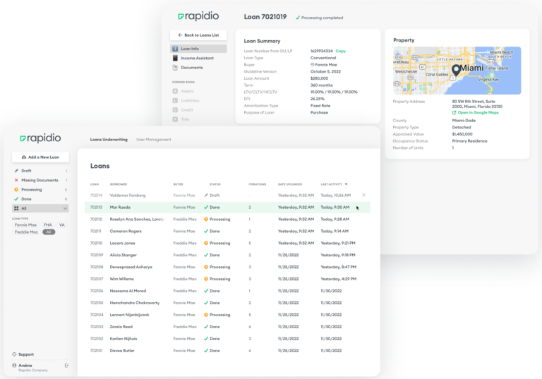 Dual screenshots showcasing the front-end dashboard of Rapidio's software.