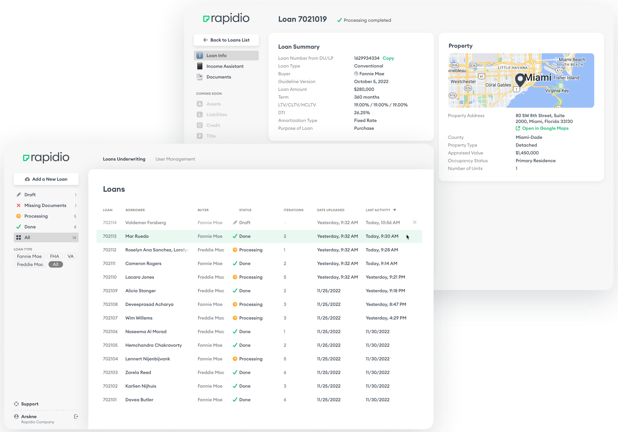 Dual screenshots showcasing the front-end dashboard of Rapidio's software.